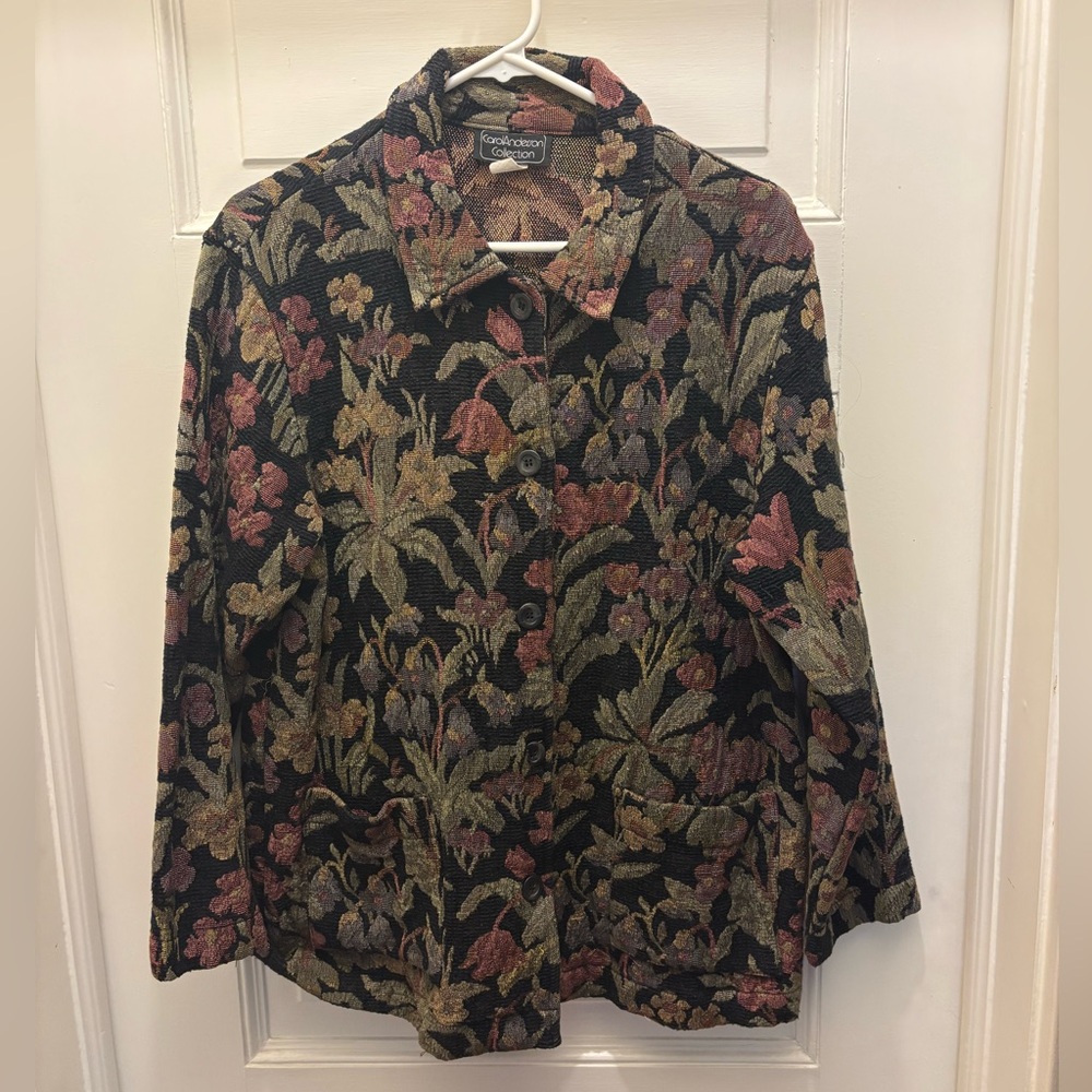 Vintage Black Carol Anderson Collection Tapestry Floral Blazer Jacket Sz Large